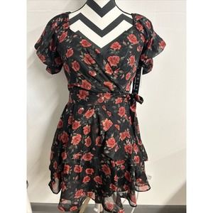 Trixxi Dress Womens Size Small Black Floral Rose Print‎ Teired Fit & Flare Sheer